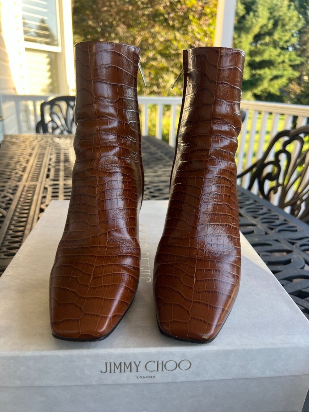 Jimmy Choo Minori 85 Cognac Croc Embossed Leather Boots size 39 / US 9